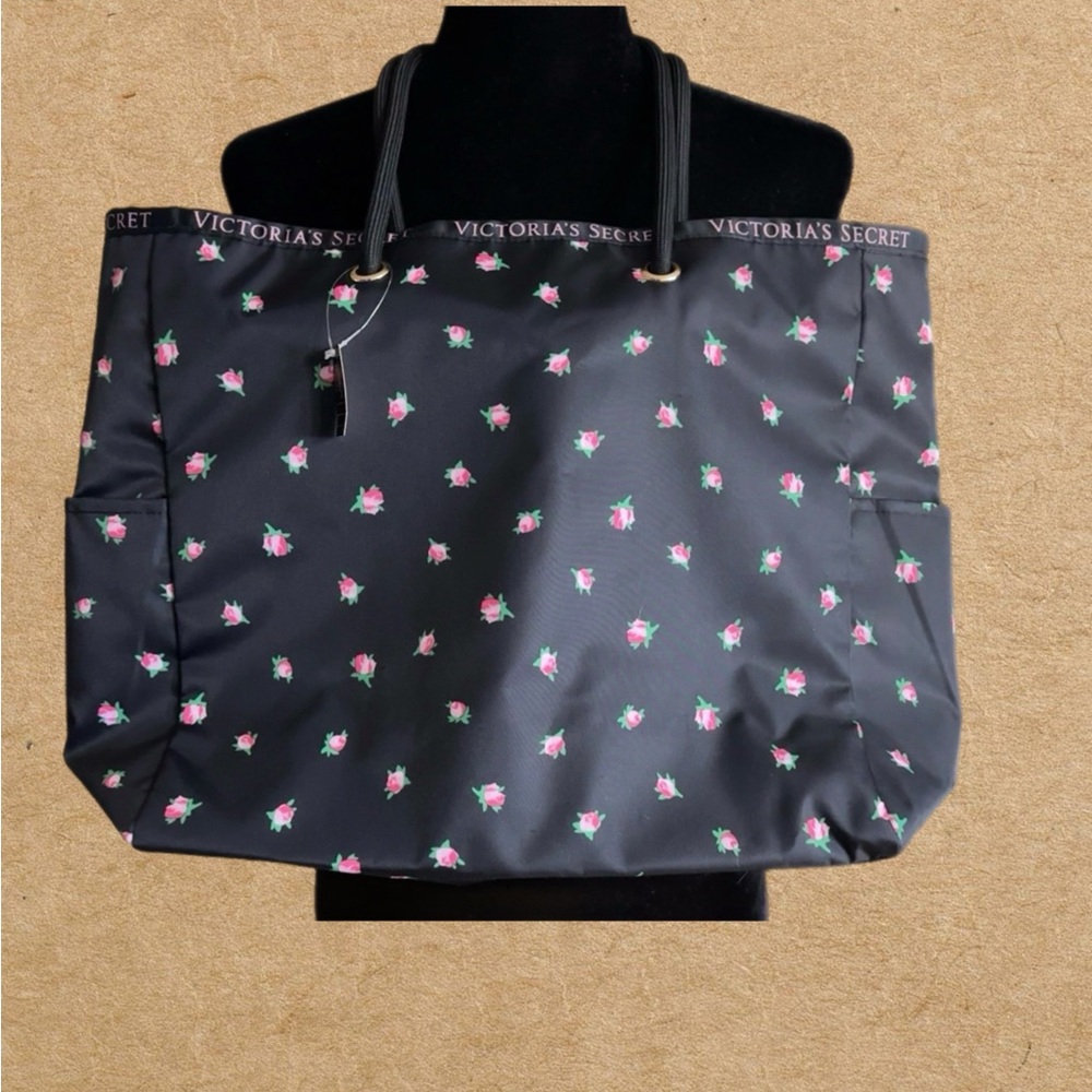 Victoria’s Secret Floral Striped Satin Tote Bag, Reversible, Two side pockets.